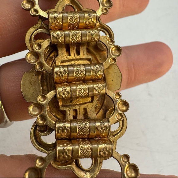 Vintage Art Deco Onyx Oval Seed Pearl Gold Tone Link Intricate Inlay Retro Gift - Picture 8 of 16